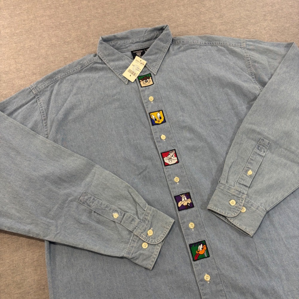 Warner Bros Studio Store Looney Tunes Embroidered Chambray Shirt Blue Mens L NWT
